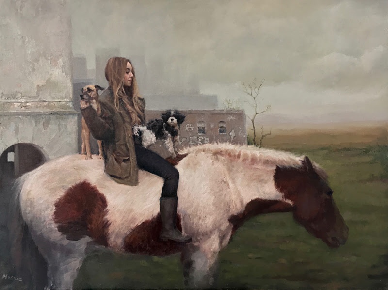 Helen Masacz — Figurative oil painting, girl on a piebald horse with two dogs