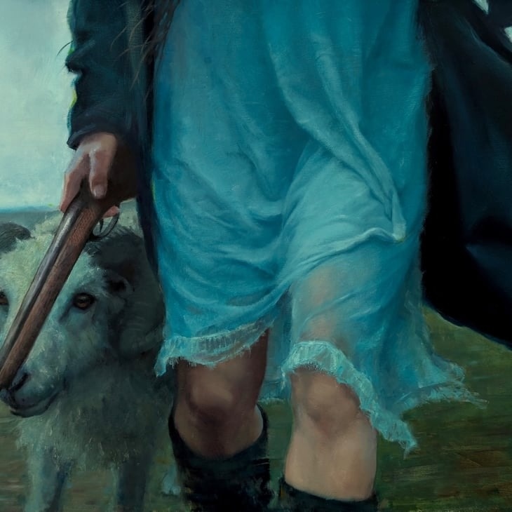 Helen Masacz — Figurative oil painting, girl in blue dress with ram